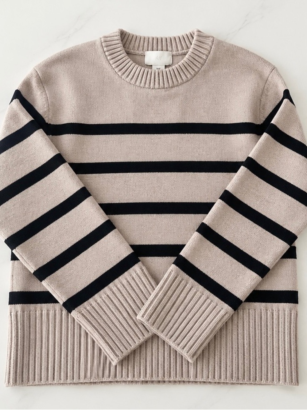 H&M Beige Crewneck Sweater with Black Stripes